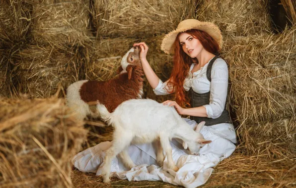 Картинка взгляд, девушка, шляпа, сено, рыжая, барашек, рыжеволосая, овечка