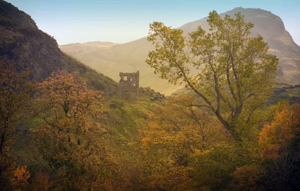 Осень, деревья, горы, замок, листва, руины