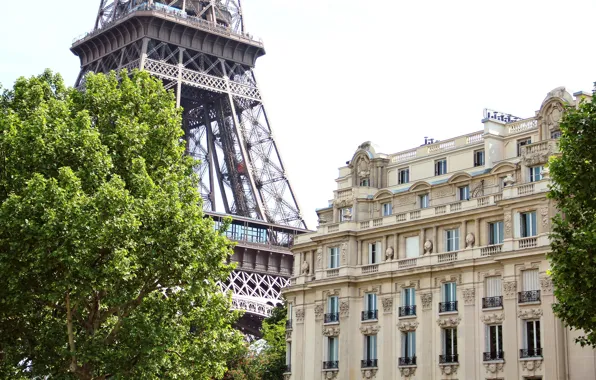 Картинка деревья, город, дом, Франция, Париж, здание, зеленые, Эйфелева башня