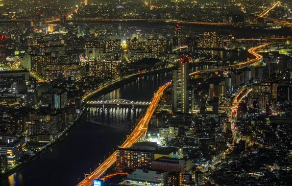 Картинка огни, дома, небоскребы, панорама, Tokyo, мегаполис