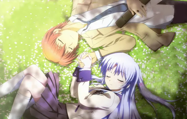 Сон, лепестки, форма, двое, на траве, kanade tachibana, закрытые глаза, angel beats