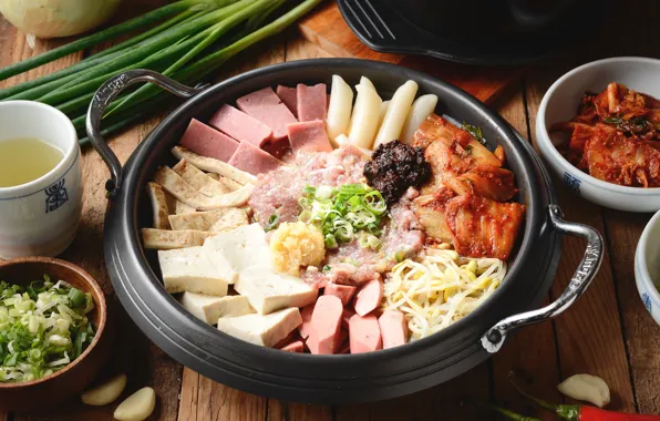 Чай, лук, мясо, ассорти, продукты, тофу