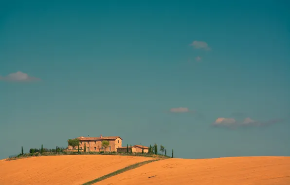 Картинка поле, небо, деревья, дом, Италия, ферма, Тоскана