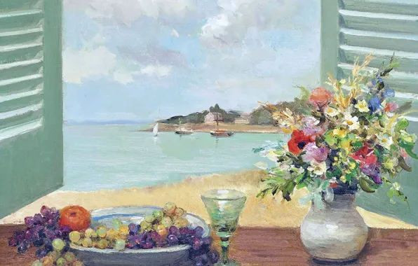 Картинка пейзаж, цветы, лодка, картина, парус, ставни, фрукты, Марсель Диф