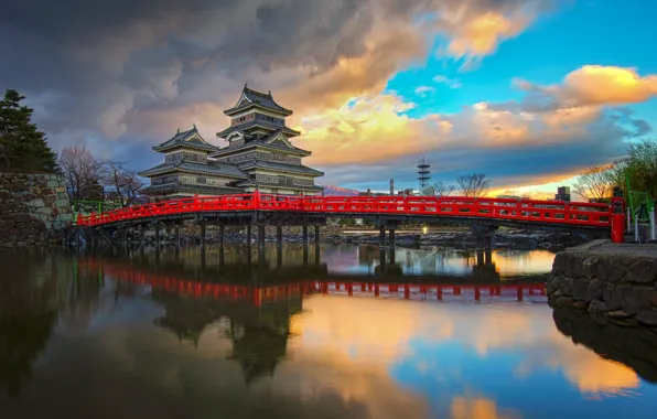 Облака, пейзаж, мост, пруд, отражение, Япония, замок Мацумо́то, Matsumoto castle