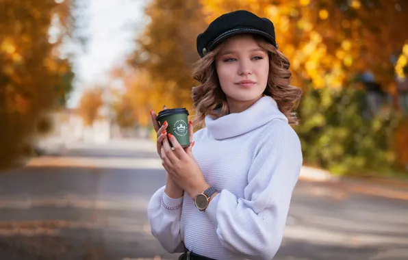 Дорога, осень, взгляд, девушка, украшения, природа, часы, браслет