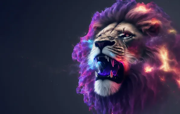 Animals, minimalism, art, lion, stars, purple, glowing, simple background