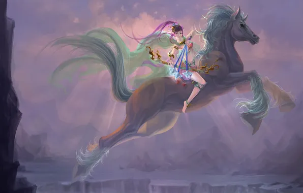 Картинка девушка, конь, лошадь, водопад