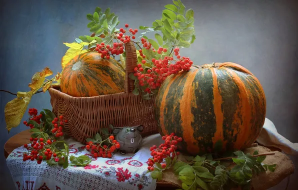 Картинка осень, тыква, натюрморт, овощи, рябина, фигурка, мышонок