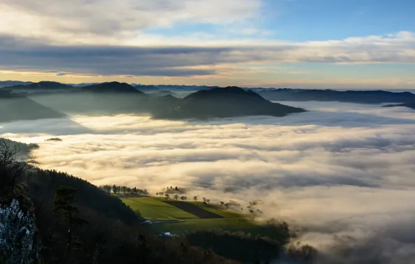 Картинка nature, clouds, fog, hills, Austria, Scheibbs, Erlauf valley, Danube