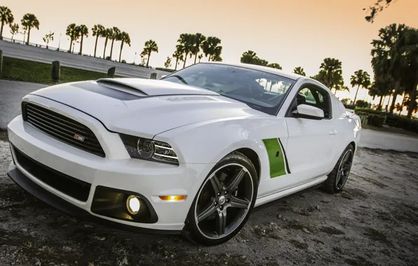 Картинка белый, Ford, mustang, white, диски, muscle car, roush, green stripes