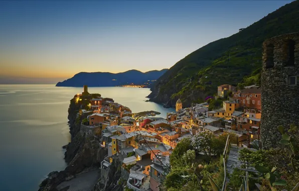Море, горы, город, дома, вечер, Италия, Вернацца, Vernazza