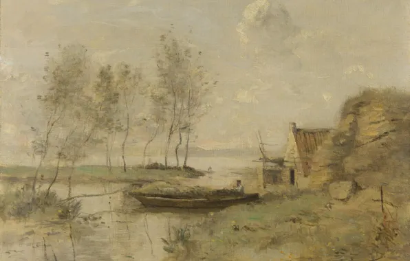 Пейзаж, лодка, картина, Souvenir of Palluel, Камиль Коро, Jean-Baptiste-Camille Corot