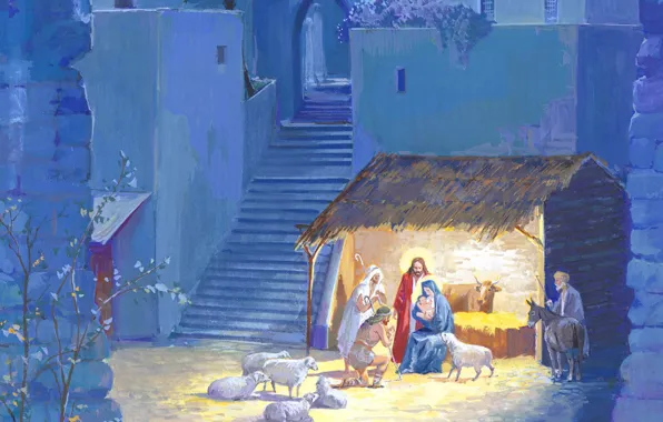 Картинка праздник, рисунок, овцы, рождество, картина, библия, ясли, пастухи