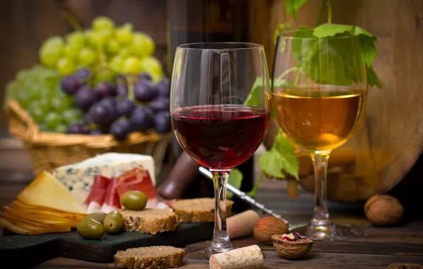 Картинка вино, красное, белое, корзина, сыр, бокалы, виноград, орехи