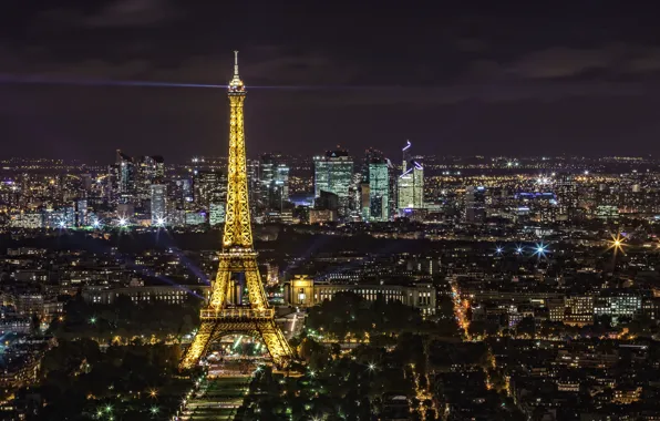 Ночь, огни, эйфелева башня, Франция, Париж, панорама
