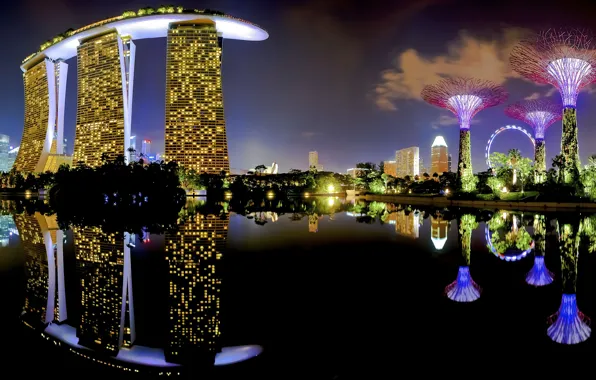 Картинка lights, skyline, water, Night, view, Singapore, buildings, skyscrapers