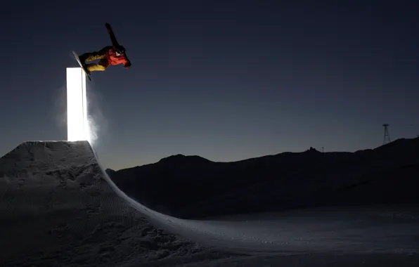 Картинка свет, ночь, сноуборд, snowboard, трамплин