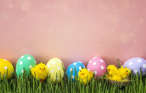 Картинка трава, цыплята, весна, Пасха, pink, spring, Easter, eggs