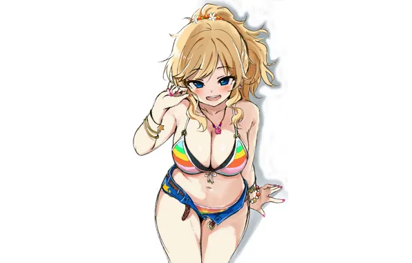 Girl, sexy, cleavage, shorts, long hair, boobs, anime, blue eyes