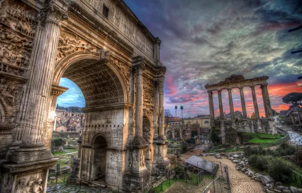Небо, облака, Рим, Италия, арка, колонны, руины, Форум