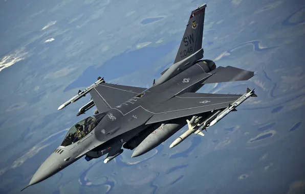 Картинка полет, истребитель, американский, F-16, Fighting Falcon, поколения, многоцелевой, четвёртого