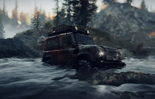 HDR, Land Rover, Wood, Water, Lights, Game, Defender, River