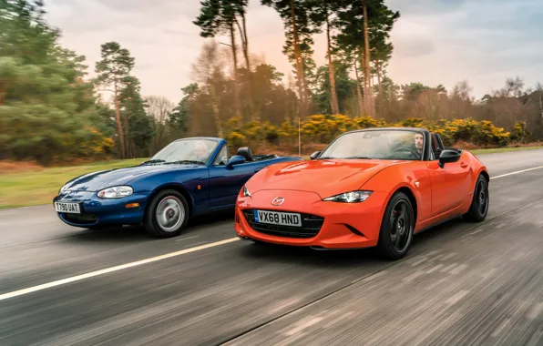 Картинка оранжевый, синий, Mazda, MX-5, родстеры, четвёртое поколение (ND), второе поколение (NB)