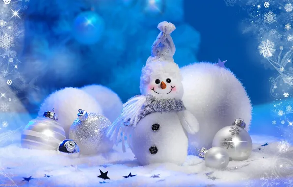 Зима, шарики, снежинки, праздник, игрушки, елка, новый год, снеговик
