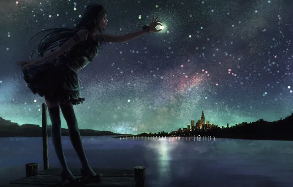 Картинка небо, девушка, звезды, ночь, город, озеро, луна, аниме