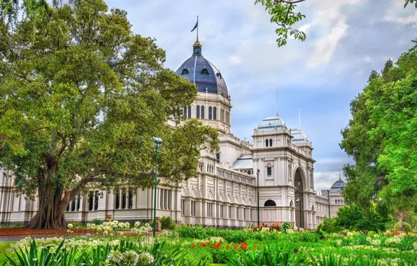 Зелень, деревья, цветы, Австралия, музей, дворец, Мельбурн, Royal Exhibition Building