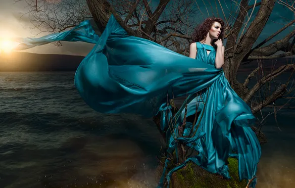 Картинка вода, девушка, река, дерево, вечер, платье, Daniel Ilinca