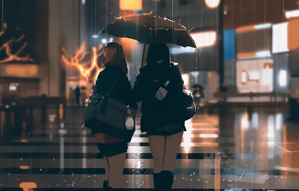 Картинка дождь, улица, вечер, Япония, фонари, сумка, школьницы, мокрый асфальт