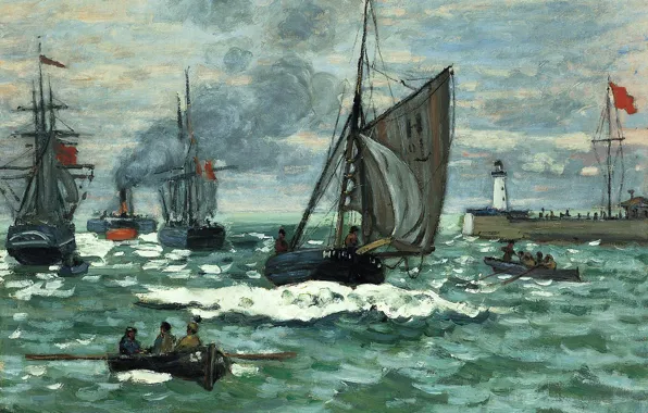 Картинка море, лодка, маяк, корабль, картина, парус, морской пейзаж, Клод Моне