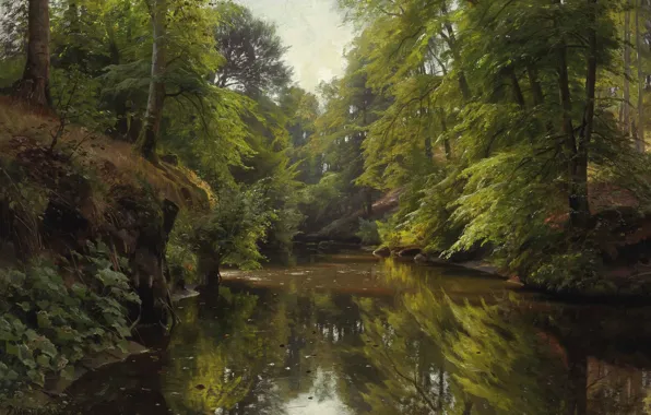 Природа, картина, Петер Мёрк Мёнстед, Peder Mørk Mønsted, Лесной Пейзаж с Рекой