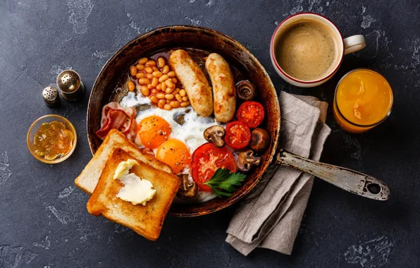 Картинка сосиски, яичница, помидор, бекон, сковорода, тост, фасоль