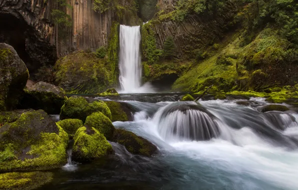 Картинка река, камни, скалы, водопад, Орегон, Oregon, Toketee Falls, Водопад Токети
