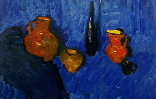 Картинка 2008, кувшин, натюрморт, синий фон, бутылка вина, Петяев