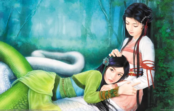 Картинка лес, змеи, девушки, арт, хвост, лежит, кимоно, wen chen yen