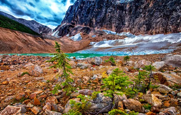 Картинка небо, облака, снег, горы, озеро, камни, ледник, Alberta