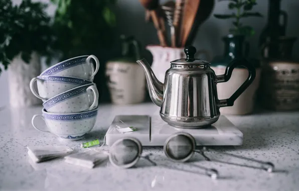 Металл, стол, чай, чайник, кухня, чашки, посуда, стопка