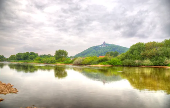 Зелень, облака, деревья, река, берег, гора, HDR, Германия