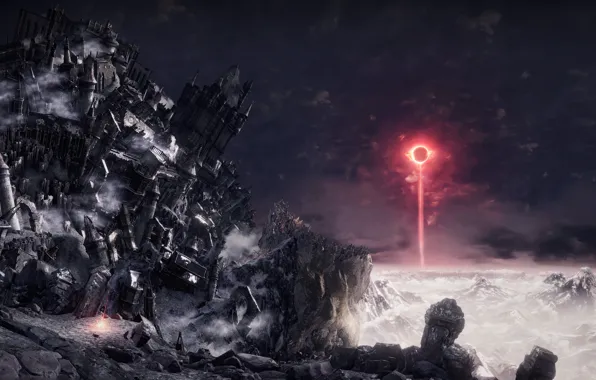 Картинка горы, луч, затмение, Dark Souls III, разрушение замка, меч битвы