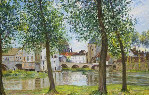 Картинка деревья, пейзаж, река, дома, картина, Alfred Sisley, Альфред Сислей, Мост в Морэ-сюр-Луэне