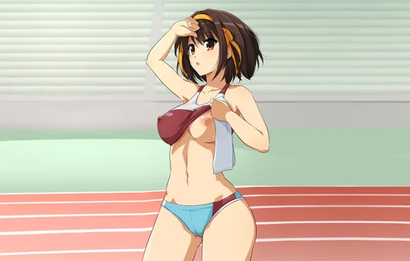 Girl, sexy, shorts, erect nipples, brown hair, nipples, boobs, anime