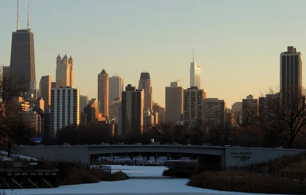 Картинка зима, снег, закат, лёд, небоскребы, америка, чикаго, Chicago