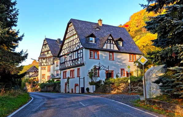 Картинка дорога, осень, солнце, деревья, улица, дома, Германия, холм