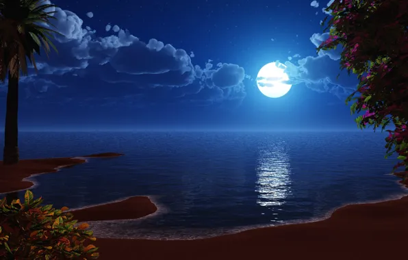 Картинка море, луна, берег, рисованый