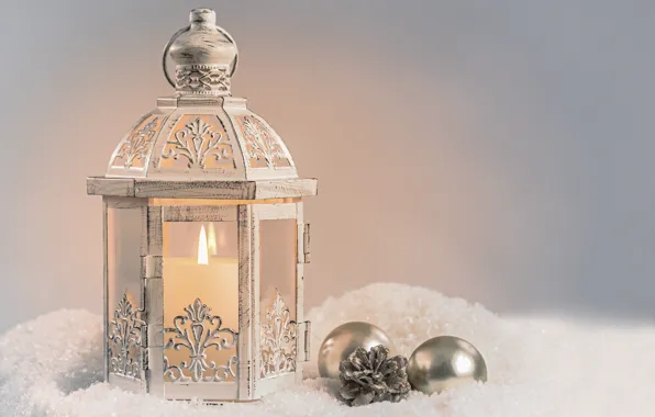 Шарики, снег, праздник, свеча, Рождество, фонарь, Новый год, ёлочные игрушки