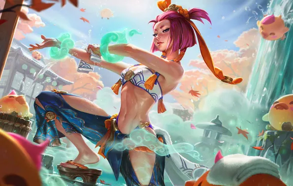 Short hair, belly, closed mouth, video game girls, video game characters, Spirit Blossom (League of …